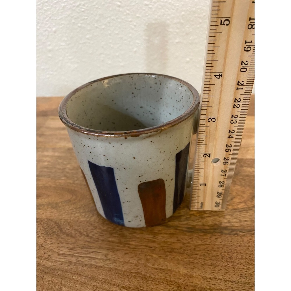 Vintage 70s MCM Coffee Mugs Glazed Beige Brown & Blue Stripes Shimmer Speckled - Picture 7 of 7